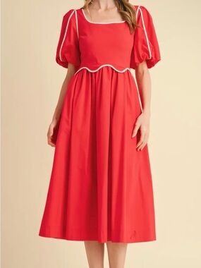 NWT Puff-Sleeve Midi Dress with Contrast Piping